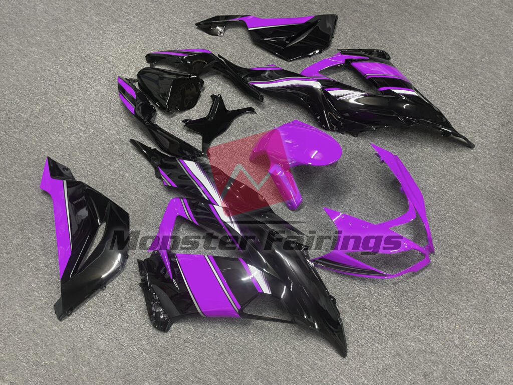 2013 - 2018 Kawasaki ZX6R Gloss Black With Pink & White fairing set - ABS injection, custom painted by Monster Fairings