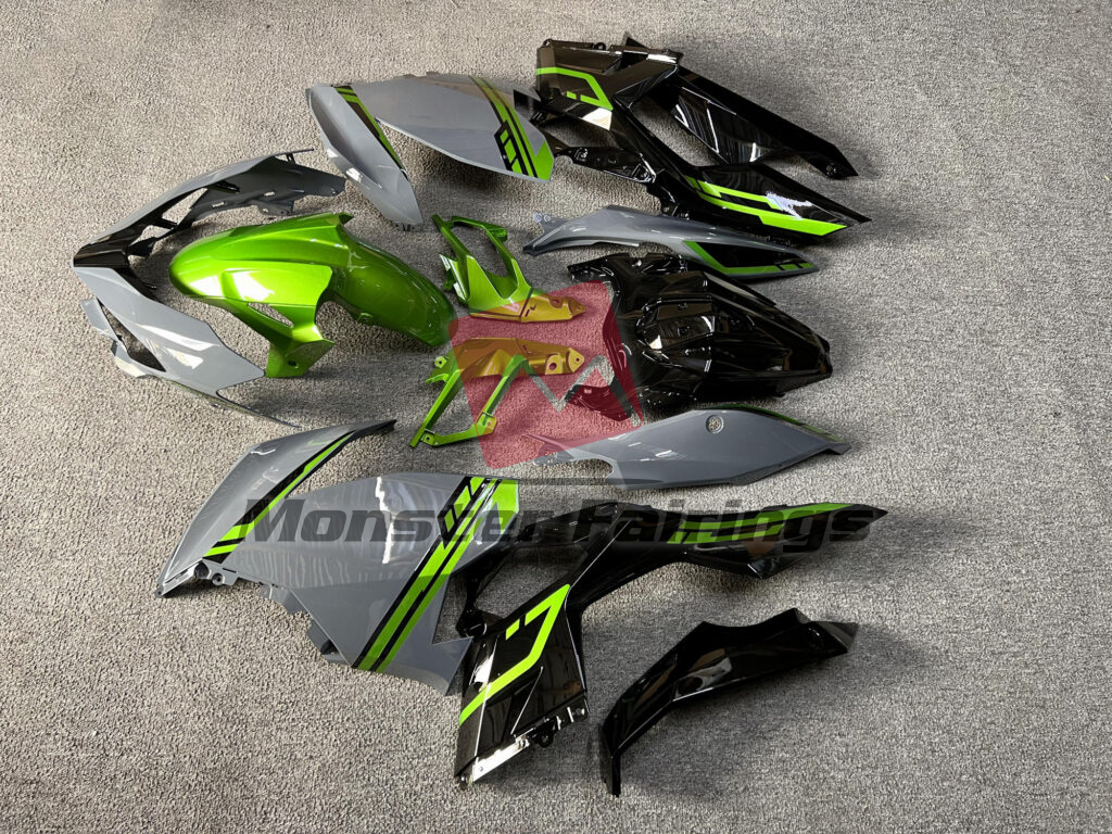 2018 - 2024 Kawasaki Ninja 400 Gloss Nardo Gray & Black Green fairing set - ABS injection, custom painted by Monster Fairings