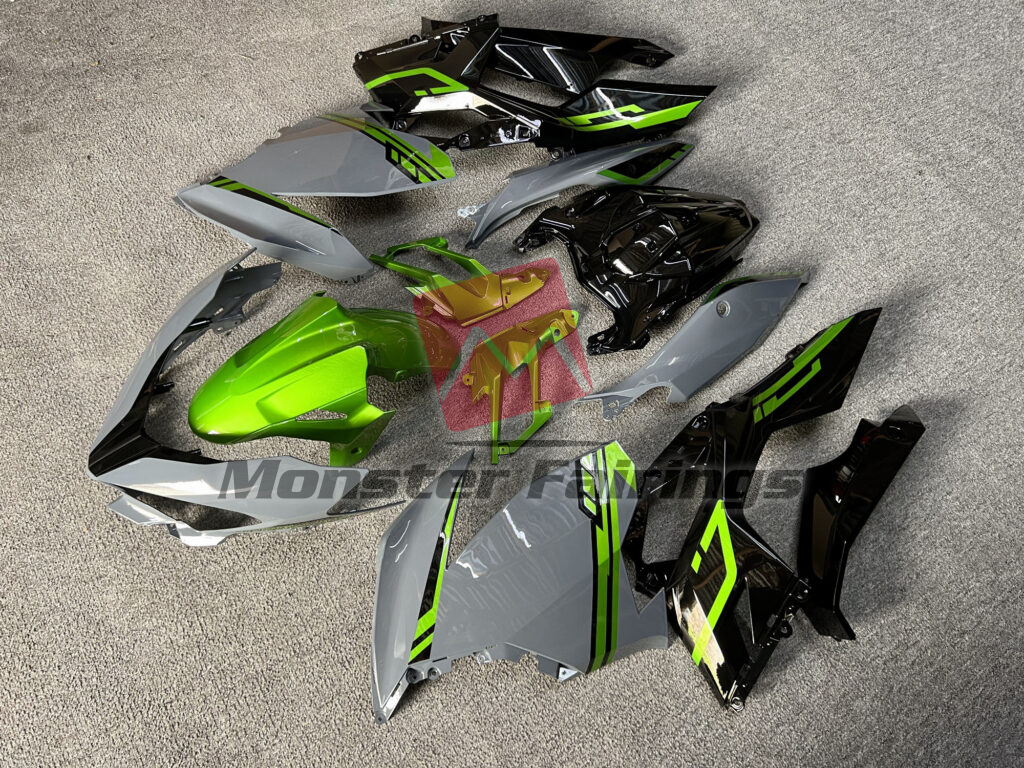 Gloss Nardo Gray & Black Green ABS fairings for Kawasaki Ninja 400 2018 - 2024 - premium OEM fit kit by Monster Fairings
