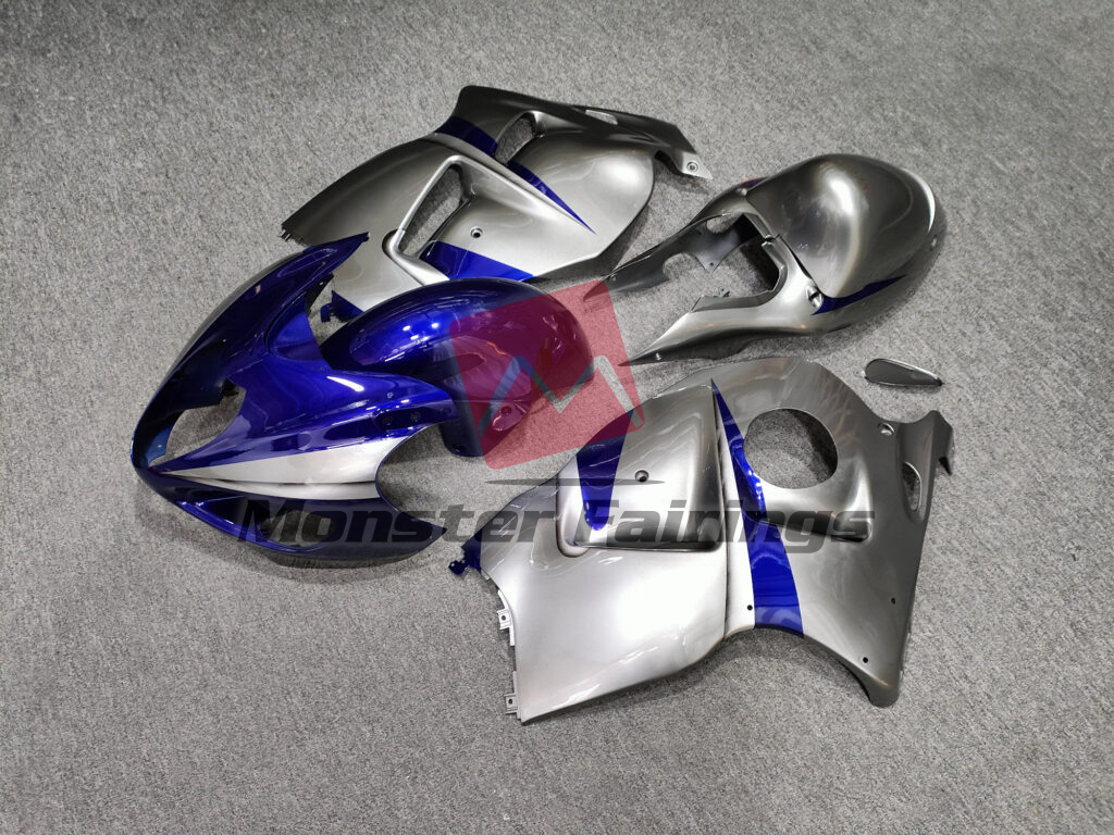 Suzuki GSXR 1300 custom ABS fairings 1997 - 2007 Gloss Silver with Blue - durable replacement kit, Monster Fairings