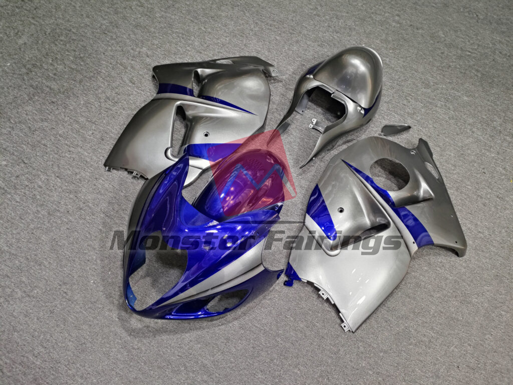 1997 - 2007 Suzuki GSXR 1300 Gloss Silver with Blue fairing set - ABS injection, custom painted by Monster Fairings