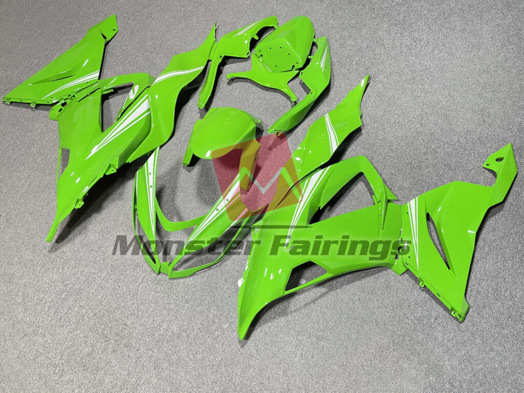 Kawasaki ZX6R custom ABS fairings 2013 - 2018 in Gloss Green with White - durable replacement kit, Monster Fairings