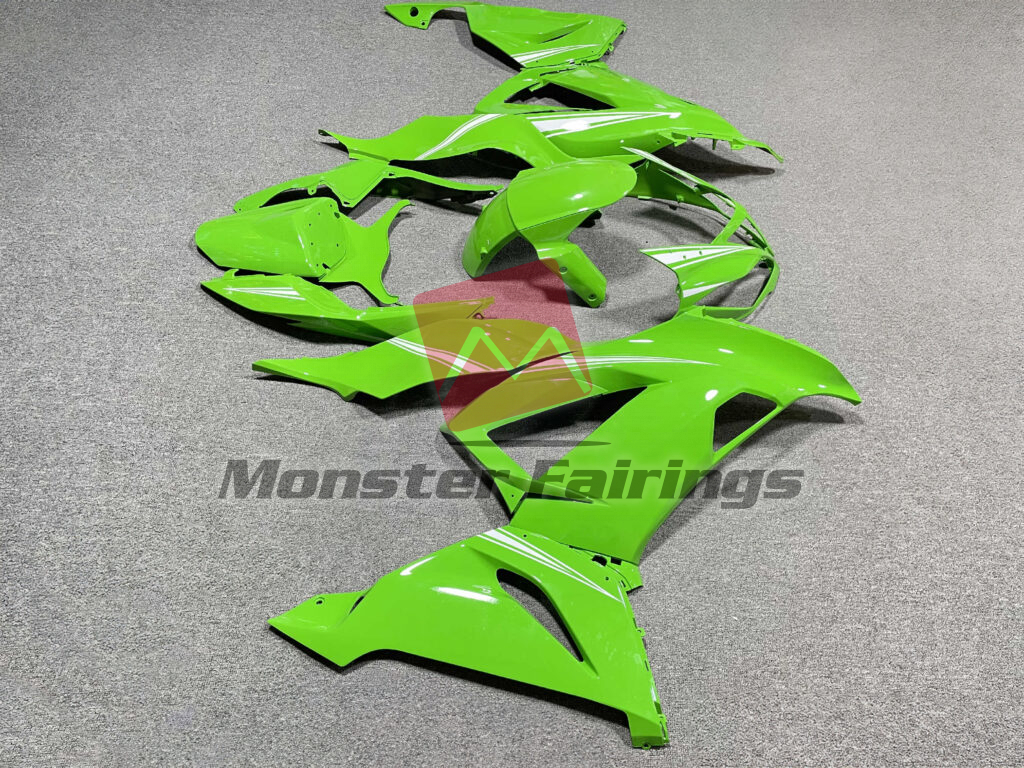 2013 - 2018 Kawasaki ZX6R Gloss Green with White fairing set - ABS injection, custom painted by Monster Fairings