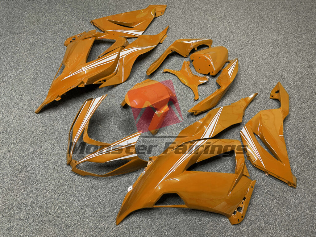 Kawasaki ZX6R custom ABS fairings 2013 - 2018 in Gloss Orange with White - durable replacement kit, Monster Fairings