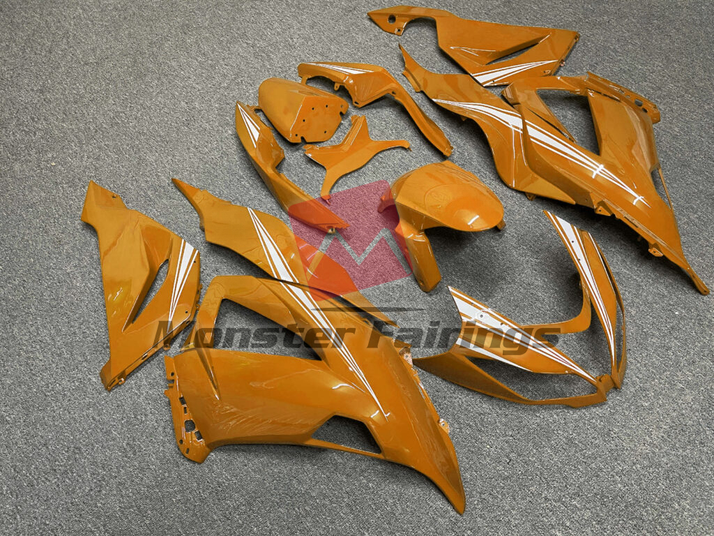 2013 - 2018 Kawasaki ZX6R Gloss Orange with White fairing set - ABS injection, custom painted by Monster Fairings