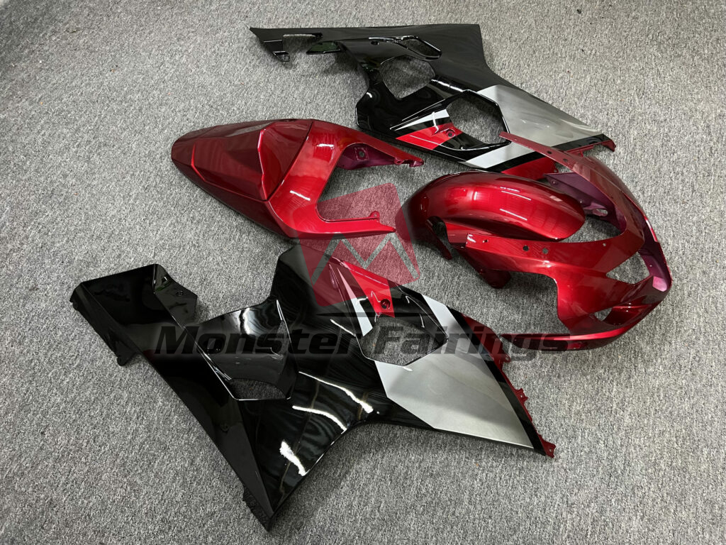 2004 - 2005 Suzuki GSXR Gloss Red, Silver & Black fairing set - ABS injection, custom painted by Monster Fairings