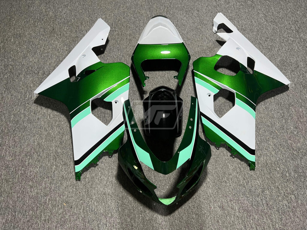 Suzuki GSXR 600 - 750 2004 - 2005 Gloss Green & White with Black ABS fairings - custom motorcycle bodywork kit by Monster Fairings