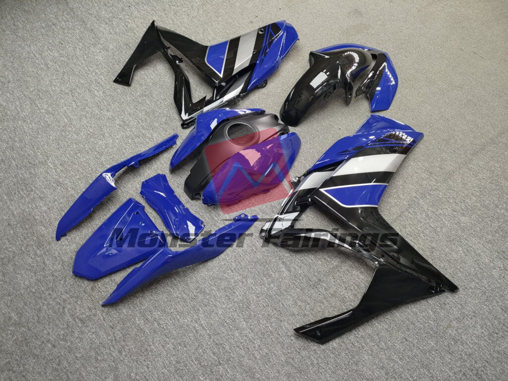 2014 - 2018 Yamaha R3 Gloss Blue & Black Silver fairing set - ABS injection, custom painted by Monster Fairings