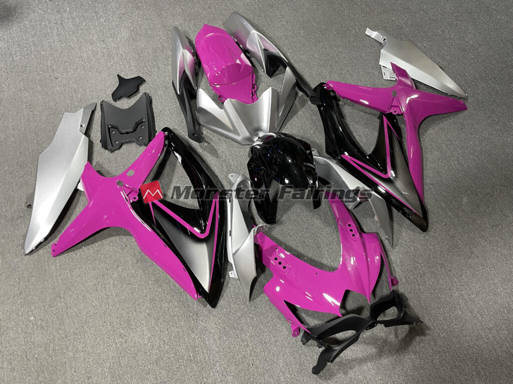 Suzuki GSXR 600 - 750 custom ABS fairings 2008 - 2010 in Pink and Silver - durable replacement kit, Monster Fairings