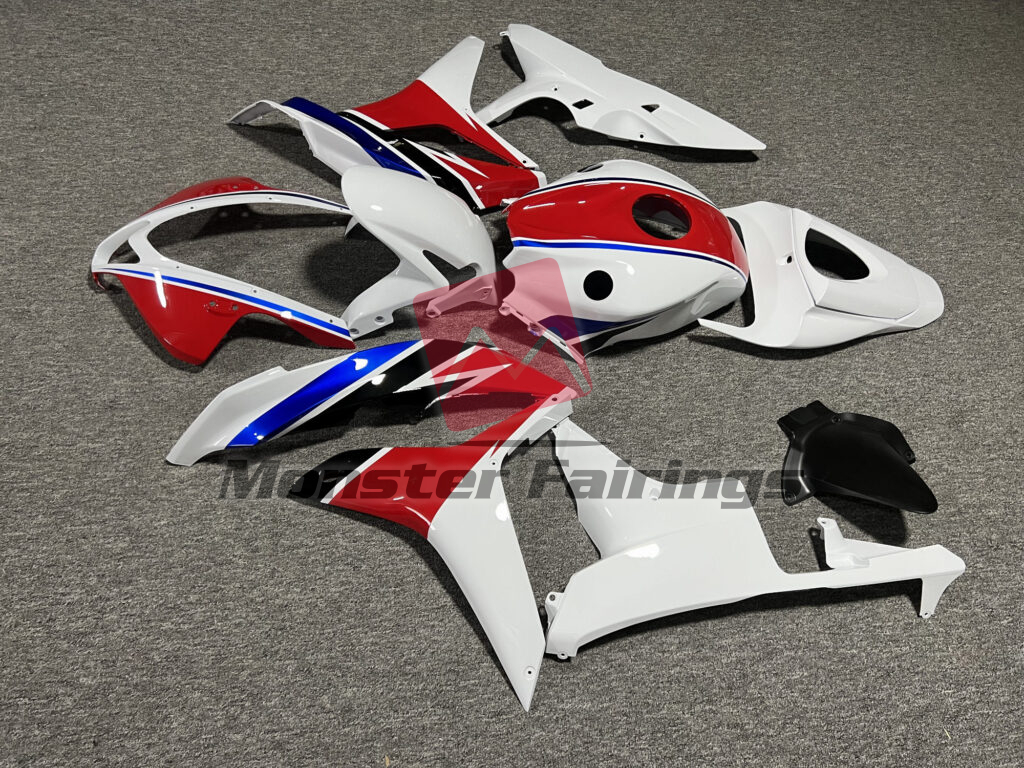 2007 - 2008 Honda CBR600RR Gloss Red & White with Blue fairing set - ABS injection, custom painted by Monster Fairings