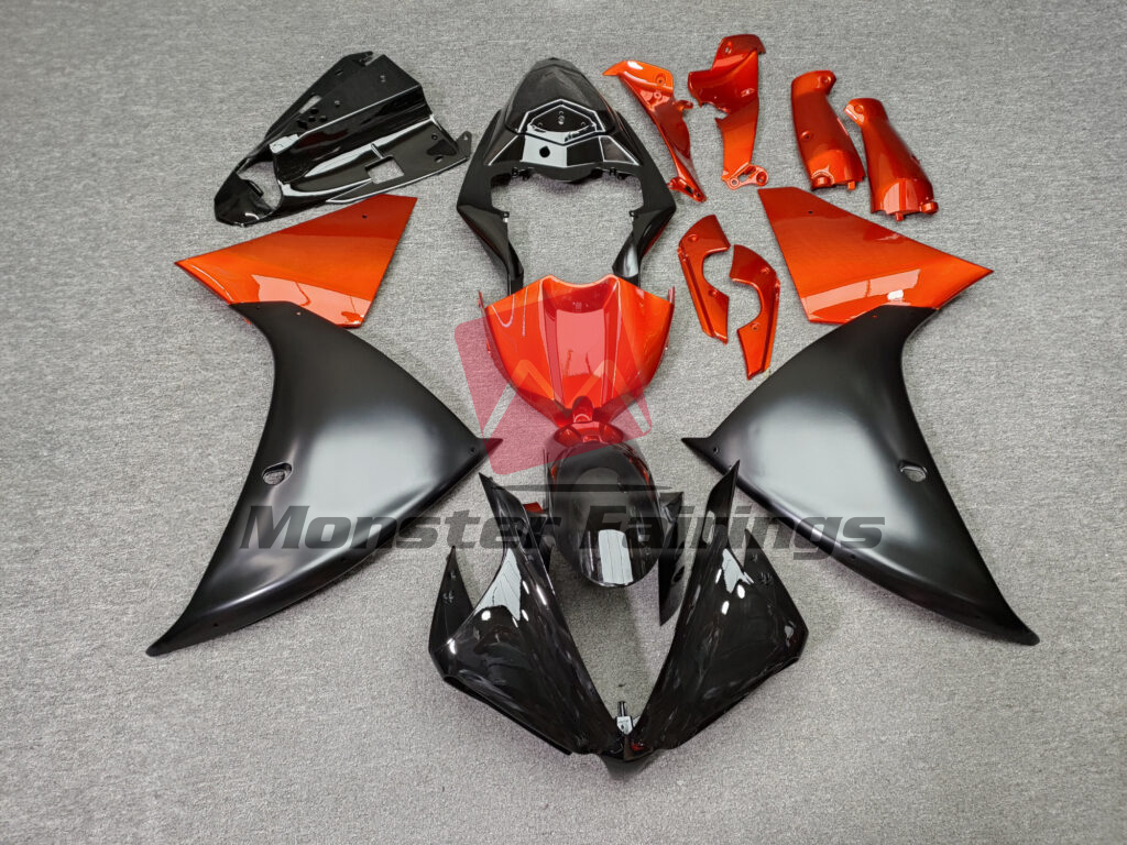 Yamaha R1 2012 - 2014 Gloss Black & Burnt Orange with Matte Black ABS fairings - custom motorcycle bodywork kit by Monster Fairings