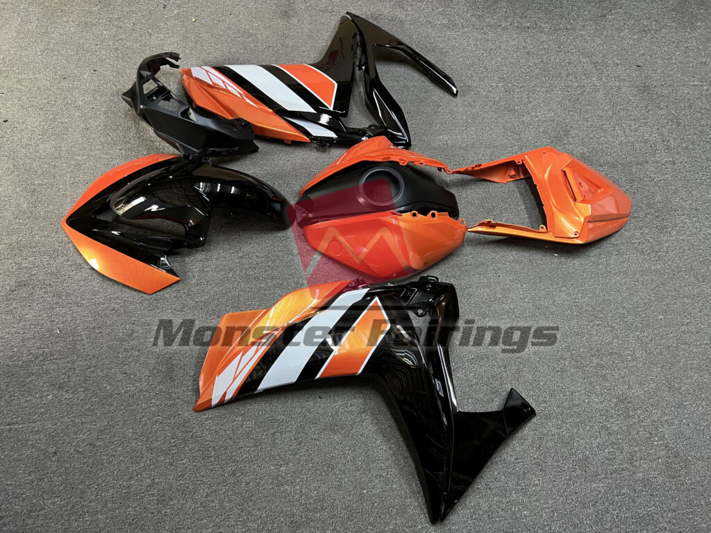 2014 - 2018 Yamaha R3 Gloss Orange Black fairing set - ABS injection, custom painted by Monster Fairings