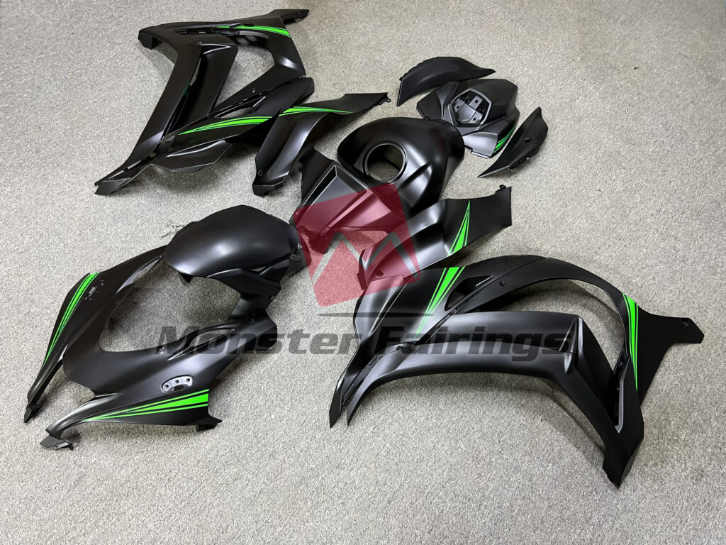 Kawasaki ZX10R custom ABS fairings 2016 - 2020 in Matte Black with Green - durable replacement kit, Monster Fairings