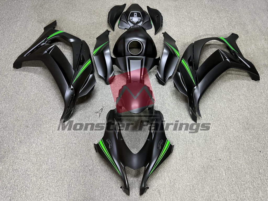 Kawasaki ZX10R 2016 - 2020 Matte Black with Green ABS fairings - custom motorcycle bodywork kit by Monster Fairings