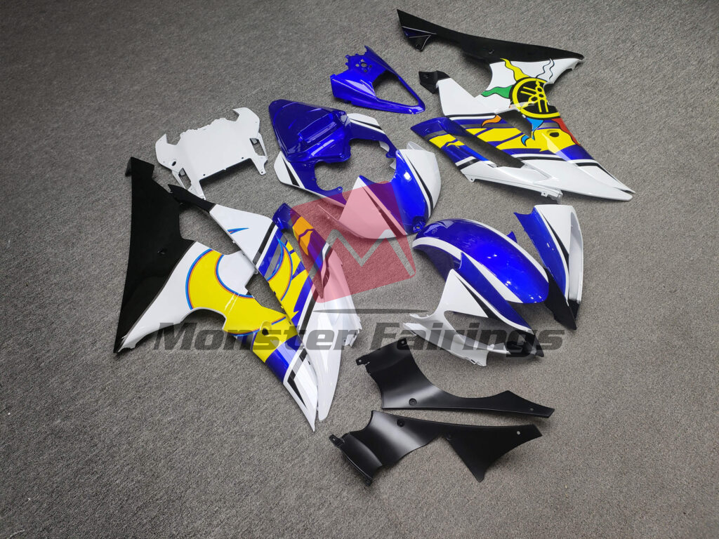 2008 - 2016 Yamaha R6 Gloss White & Blue with Black fairing set - ABS injection, custom painted by Monster Fairings