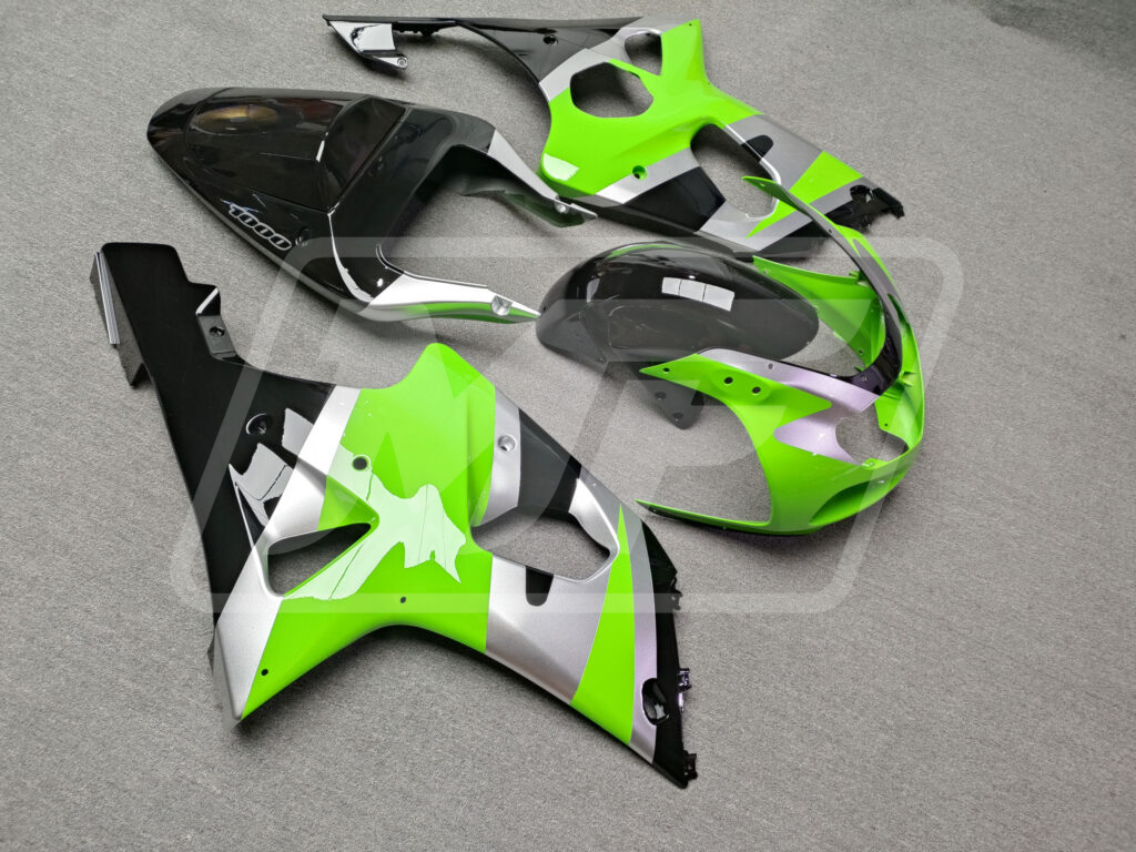 Suzuki GSXR 1000 custom ABS fairings 2000 - 2002 in Gloss Green & Black with Silver - durable replacement kit, Monster Fairings
