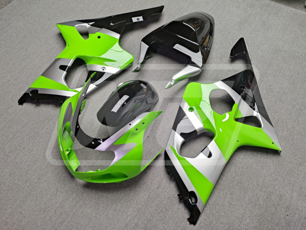 2000 - 2002 Suzuki GSXR 1000 Gloss Green & Black with Silver fairing set - ABS injection, custom painted by Monster Fairings