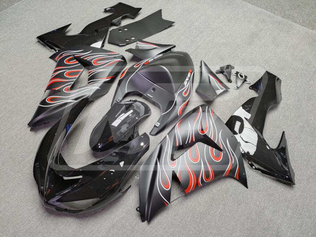 Kawasaki ZX10R custom ABS fairings 2006 - 2007 in Matte & Gloss Black with Red Flames - durable replacement kit, Monster Fairings