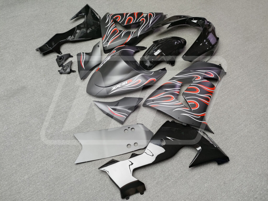 2006 - 2007 Kawasaki ZX10R Matte & Gloss Black with Red Flames fairing set - ABS injection, custom painted by Monster Fairings