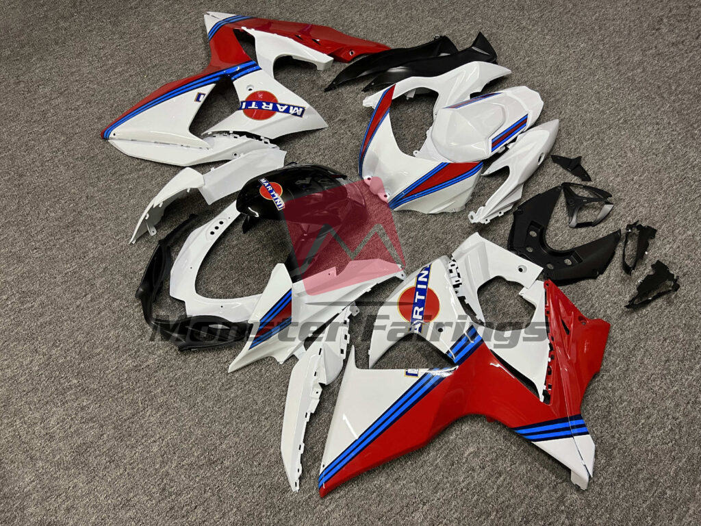 Suzuki GSXR 1000 custom ABS fairings 2009 - 2016 Gloss White, Blue & Red Martini - durable replacement kit, Monster Fairings