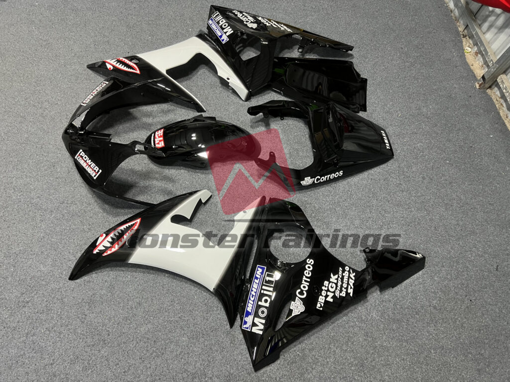 2003 - 2004 Yamaha R6 Gloss Black with Logos fairing set - ABS injection, custom painted by Monster Fairings