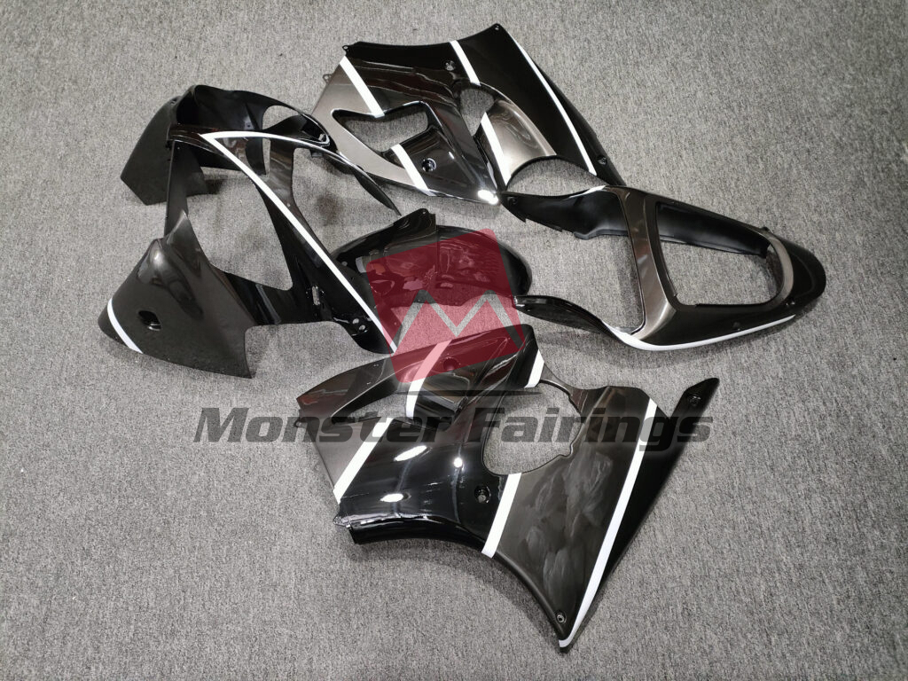 2000 - 2002 Kawasaki ZX6R Gloss Black with Metallic Gray fairing set - ABS injection, custom painted by Monster Fairings