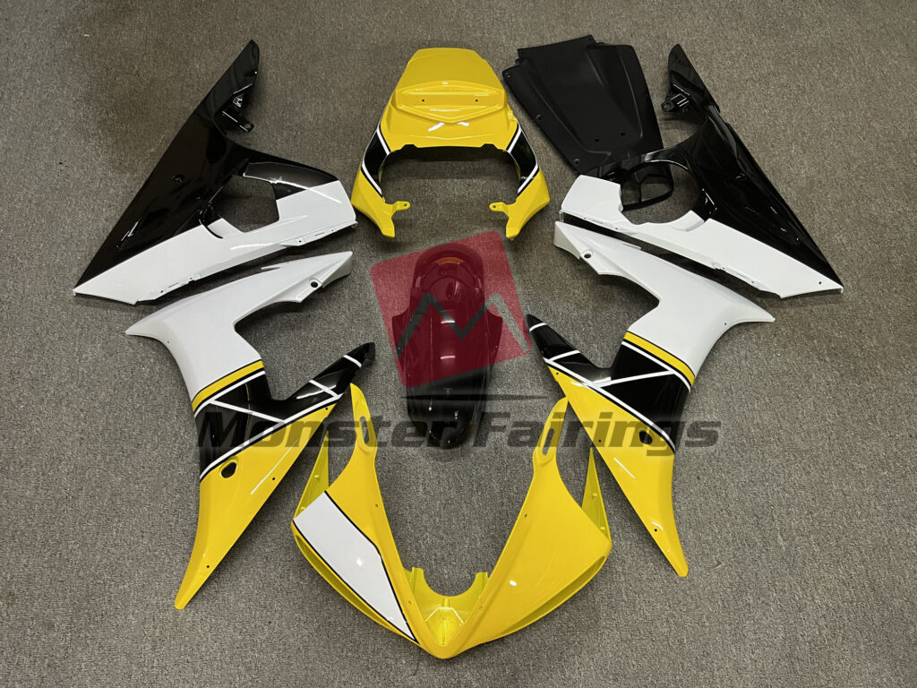 Yamaha R6 2003 - 2004 Gloss Yellow with White ABS fairings - custom motorcycle bodywork kit by Monster Fairings