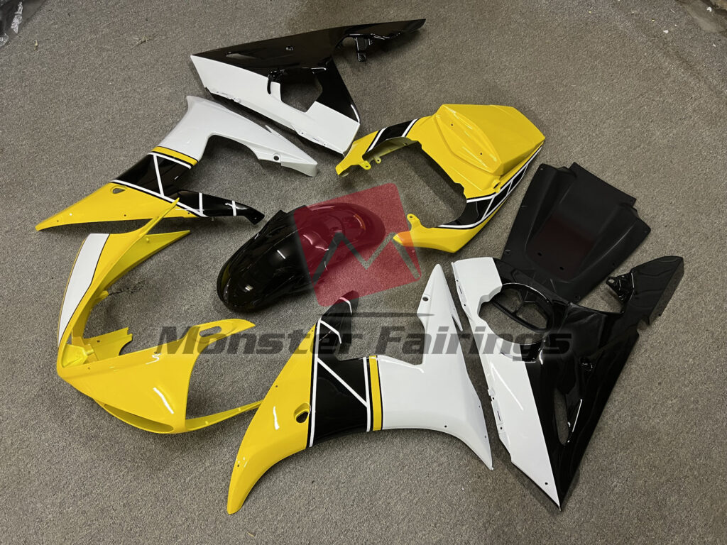 Yamaha R6 custom ABS fairings 2003 - 2004 in Gloss Yellow with White - durable replacement kit, Monster Fairings