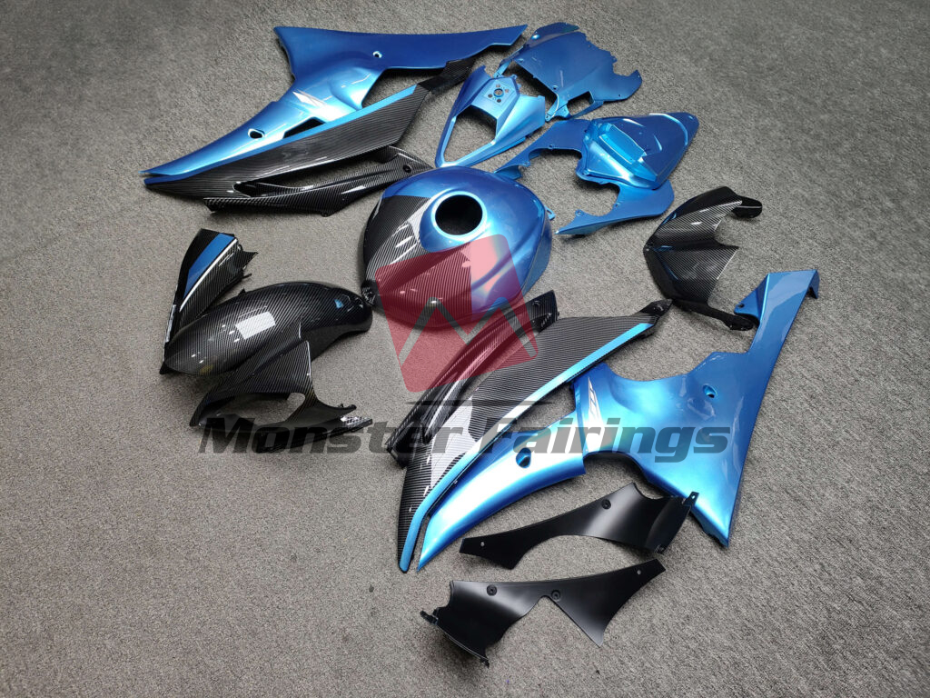 2008 - 2016 Yamaha R6 Gloss Light Blue Carbon Fiber Style fairing set - ABS injection, custom painted by Monster Fairings