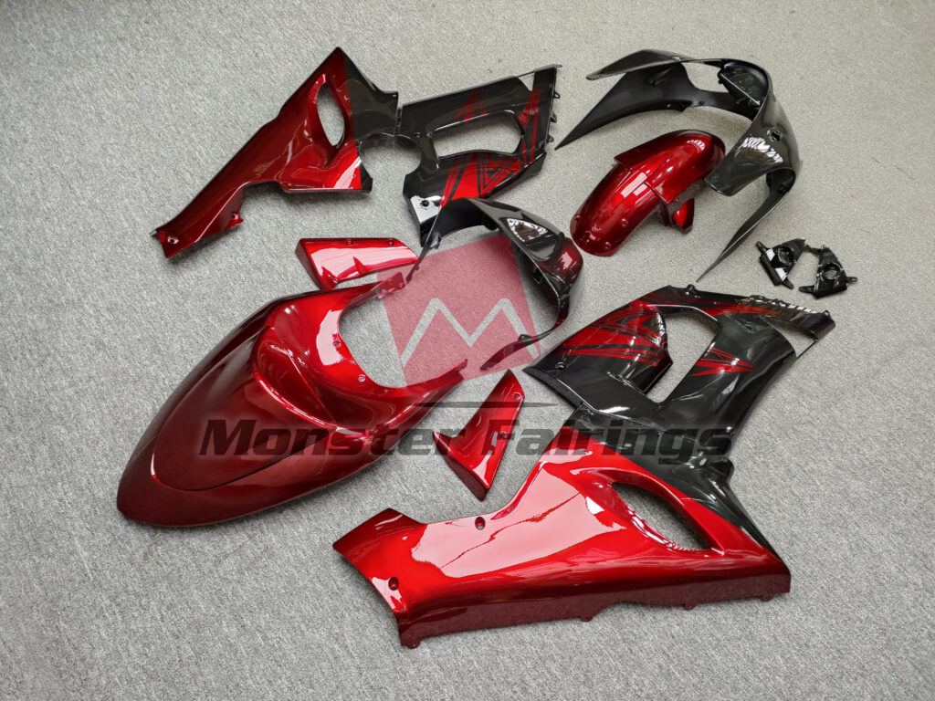 2005 - 2006 Kawasaki ZX6R Gloss Black with Candy Red fairing set - ABS injection, custom painted by Monster Fairings