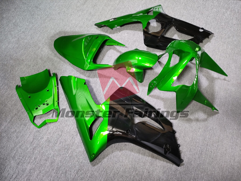 Kawasaki ZX6R custom ABS fairings 2003 - 2004 in Gloss Green & Black - durable replacement kit, Monster Fairings