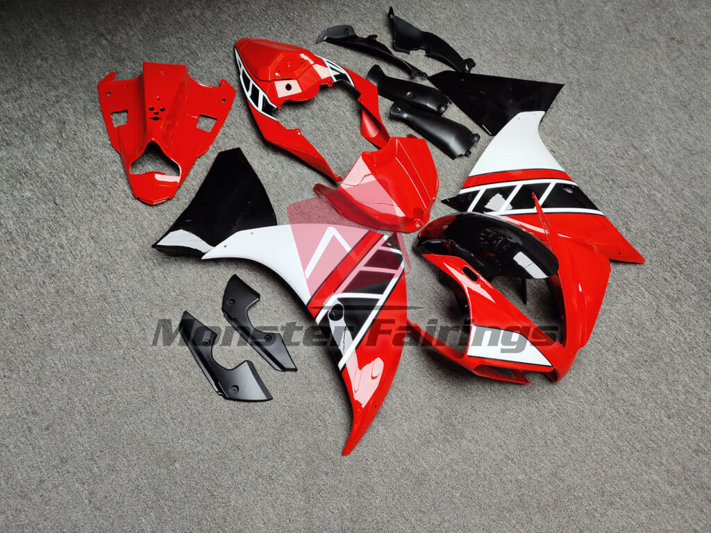 2012 - 2014 Yamaha R1 Gloss Red & White Black fairing set - ABS injection, custom painted by Monster Fairings