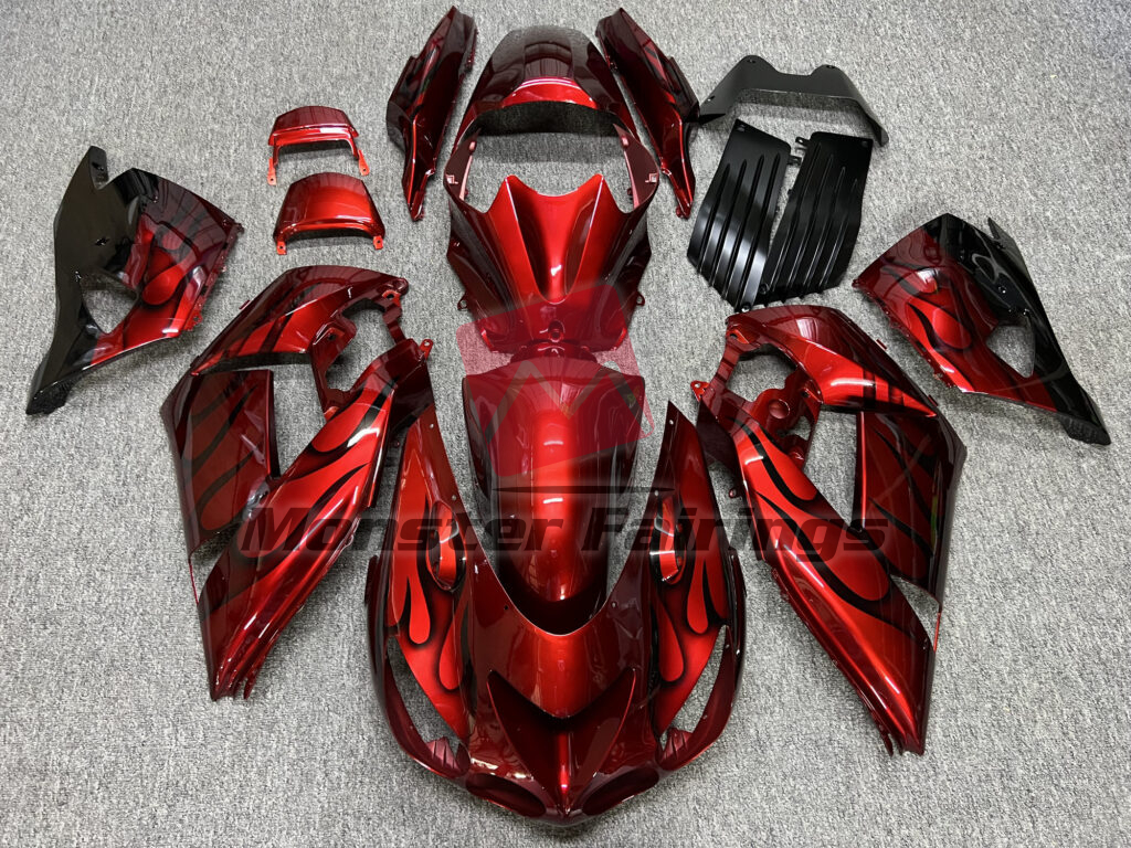 Kawasaki ZX14R 2006 - 2011 Gloss Candy Red Black Flames ABS fairings - custom motorcycle bodywork kit by Monster Fairings