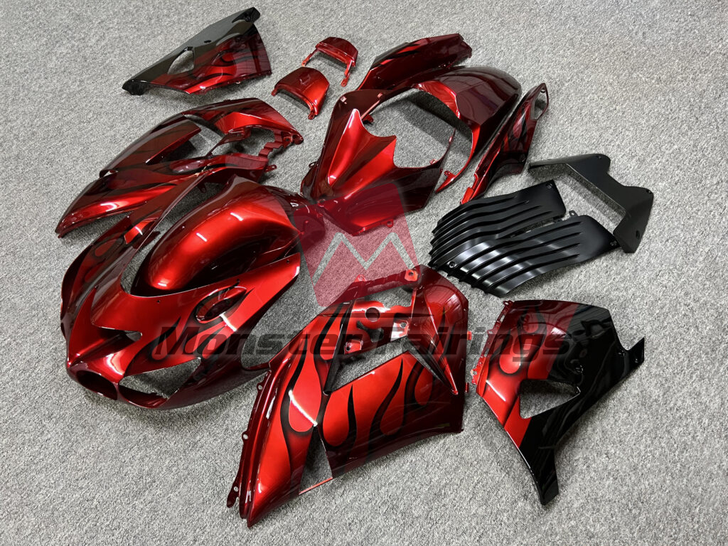 Gloss Candy Red Black Flames ABS fairings for Kawasaki ZX14R 2006 - 2011 - premium OEM fit kit by Monster Fairings