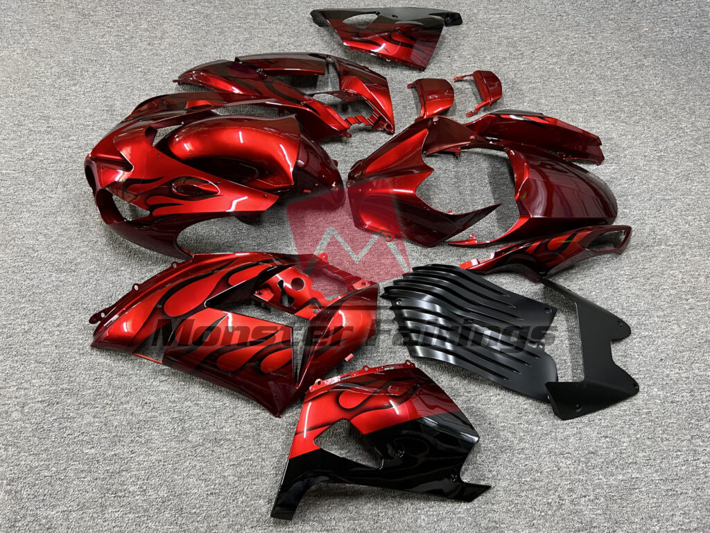 Kawasaki ZX14R custom ABS fairings 2006 - 2011 in Gloss Candy Red Black Flames - durable replacement kit, Monster Fairings