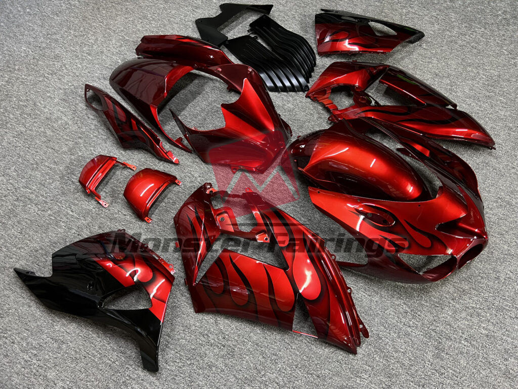 2006 - 2011 Kawasaki ZX14R Gloss Candy Red Black Flames fairing set - ABS injection, custom painted by Monster Fairings