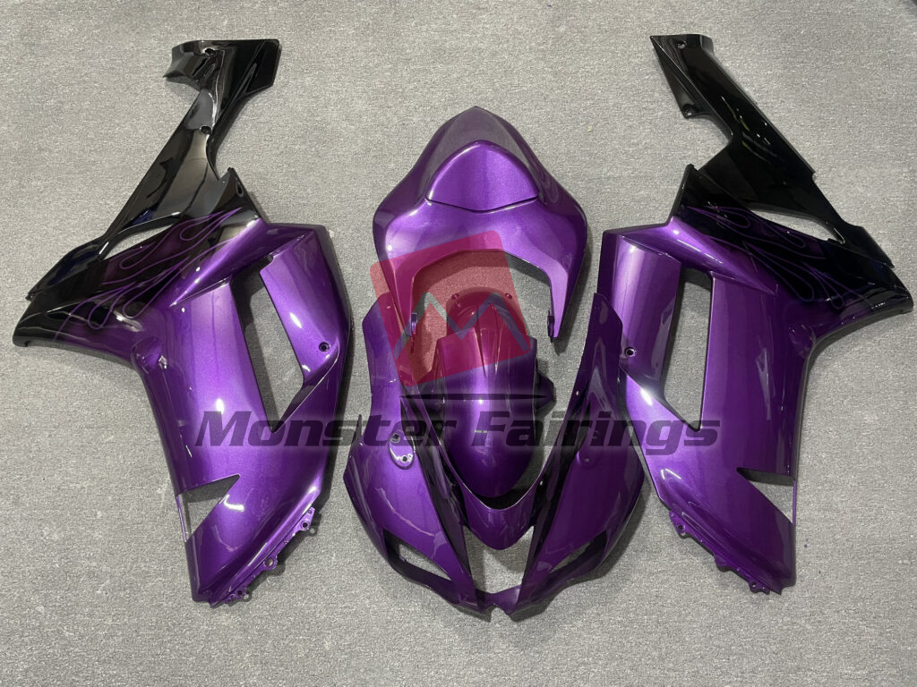 Kawasaki ZX6R 2007 - 2008 Gloss Purple & Black with Flames ABS fairings - custom motorcycle bodywork kit by Monster Fairings
