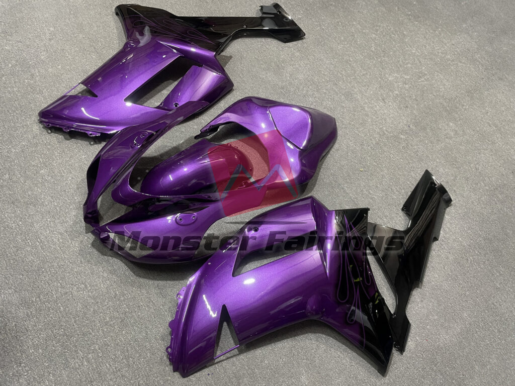 Kawasaki ZX6R custom ABS fairings 2007 - 2008 in Gloss Purple & Black with Flames - durable replacement kit, Monster Fairings