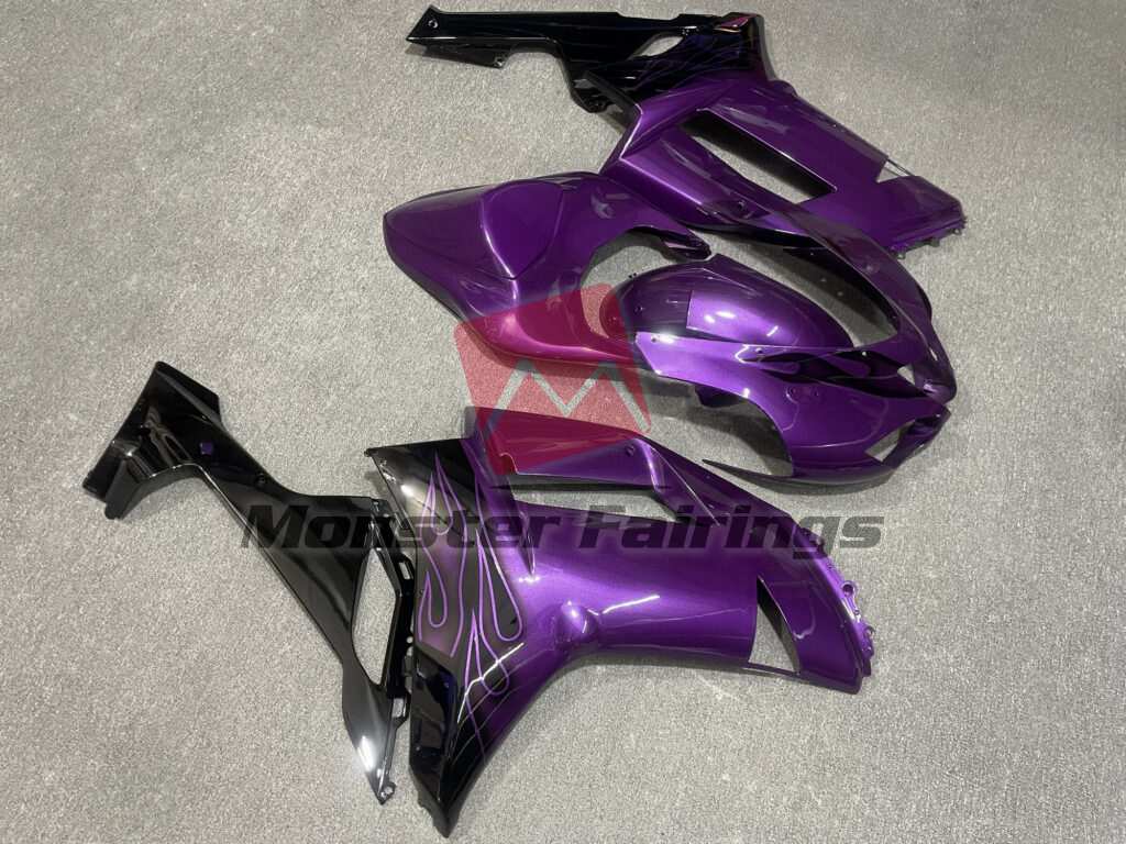 2007 - 2008 Kawasaki ZX6R Gloss Purple & Black with Flames fairing set - ABS injection, custom painted by Monster Fairings