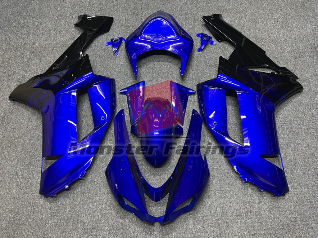 Kawasaki ZX6R 2007 - 2008 Gloss Blue & Black with Flames ABS fairings - custom motorcycle bodywork kit by Monster Fairings