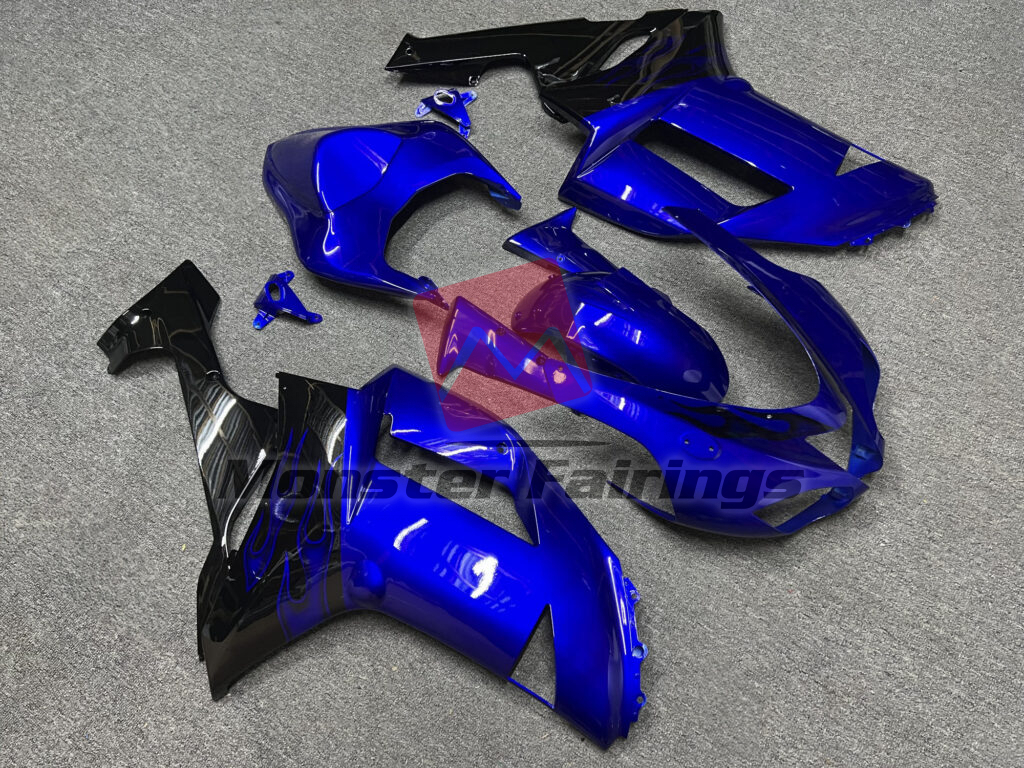 2007 - 2008 Kawasaki ZX6R Gloss Blue & Black with Flames fairing set - ABS injection, custom painted by Monster Fairings