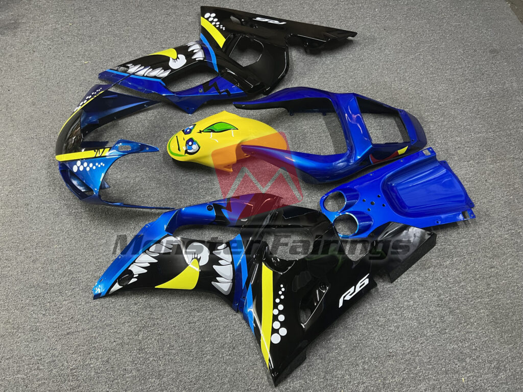 1998 - 2002 Yamaha R6 Blue Yellow Shark fairing set - ABS injection, custom painted by Monster Fairings