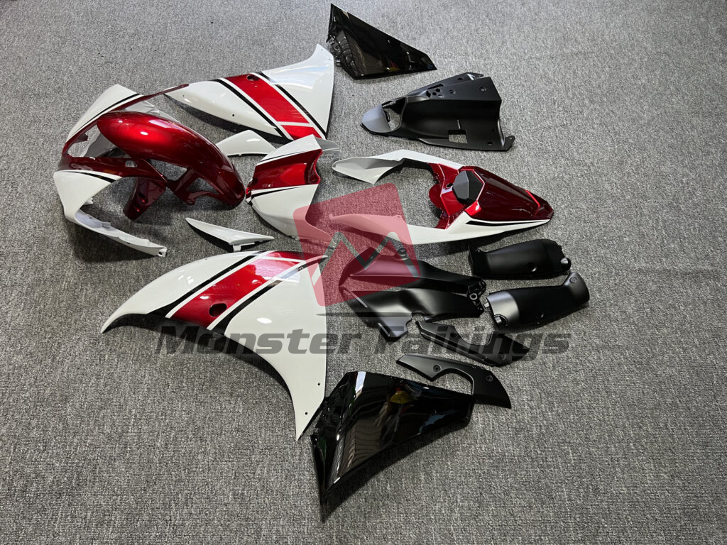 2009 - 2011 Yamaha R1 Gloss White & Candy Red Black fairing set - ABS injection, custom painted by Monster Fairings