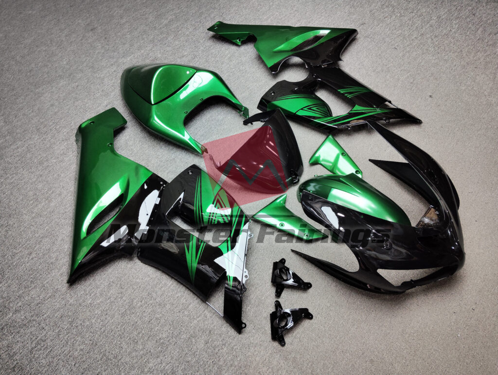 Kawasaki ZX6R custom ABS fairings 2005 - 2006 in Gloss Black & Green - durable replacement kit, Monster Fairings