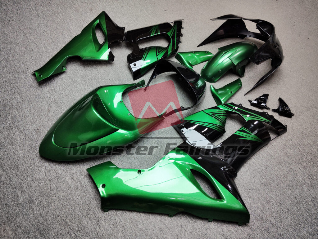 2005 - 2006 Kawasaki ZX6R Gloss Black & Green fairing set - ABS injection, custom painted by Monster Fairings