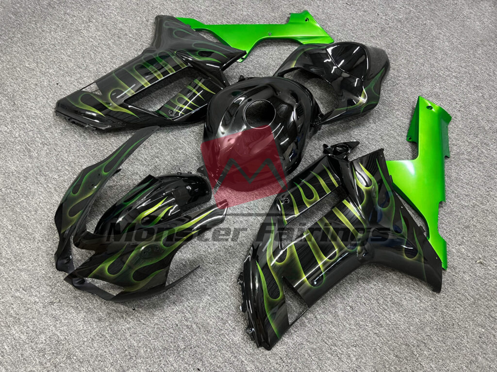 Kawasaki ZX6R custom ABS fairings 2007 - 2008 in Gloss Black Green with Flames - durable replacement kit, Monster Fairings
