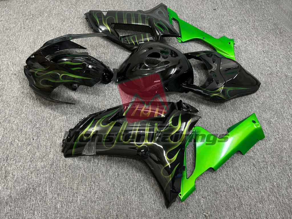 2007 - 2008 Kawasaki ZX6R Gloss Black Green with Flames fairing set - ABS injection, custom painted by Monster Fairings