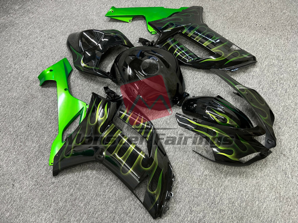 Gloss Black Green with Flames ABS fairings for Kawasaki ZX6R 2007 - 2008 - premium OEM fit kit by Monster Fairings