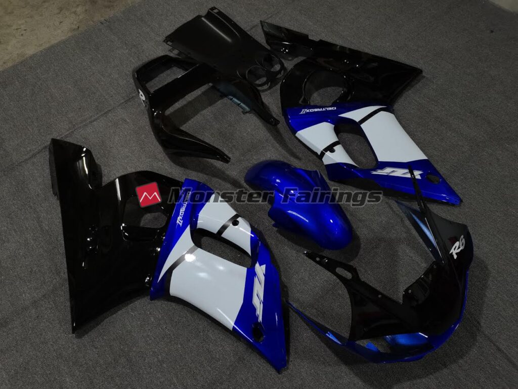 Yamaha R6 custom ABS fairings 1998 - 2002 in Blue, White and Black - durable replacement kit, Monster Fairings