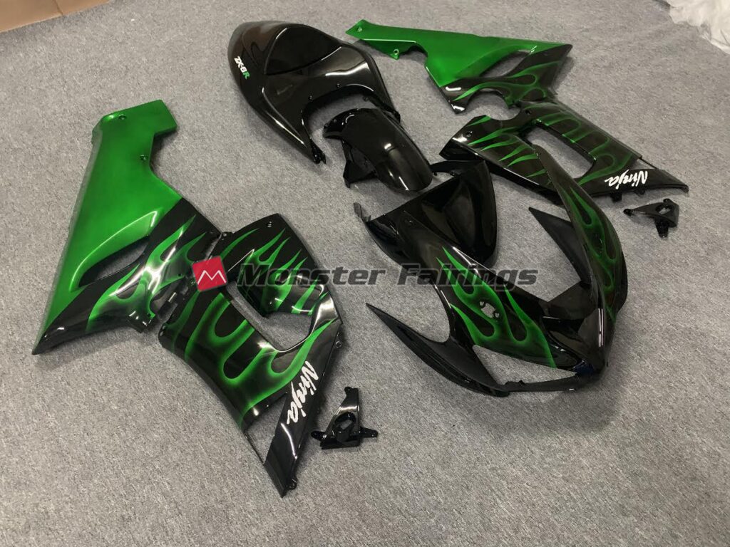 Kawasaki ZX6R custom ABS fairings 2005 - 2006 in Green Flame - durable replacement kit, Monster Fairings